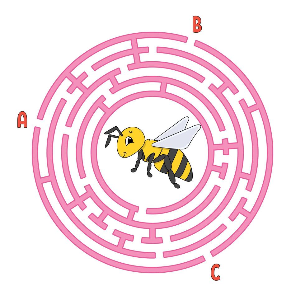 Circle maze. Game for kids. Puzzle for children. Round labyrinth conundrum. Color vector illustration. Find the right path. Education worksheet.