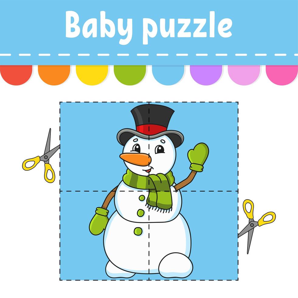 Baby puzzle. Easy level. Flash cards. Cut and play. Christmas theme. Color activity worksheet. Game for children. Cartoon character. vector