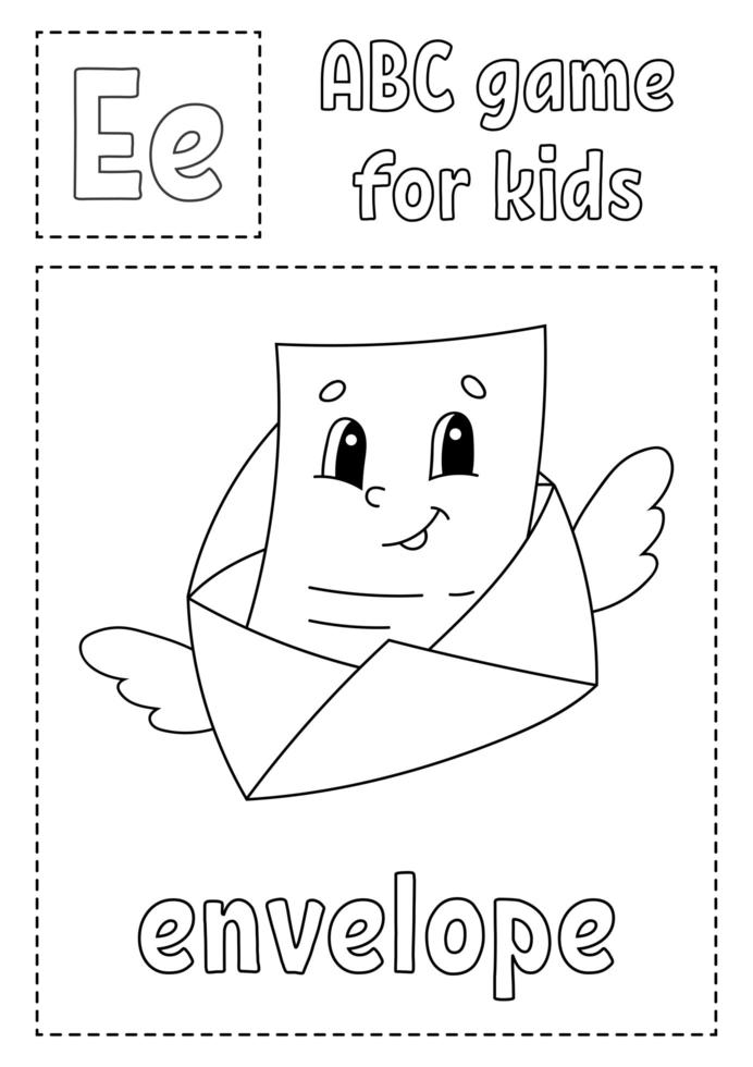 la letra e es para sobre. juego de abc para niños. Página para colorear del alfabeto. personaje animado. palabra y letra. ilustración vectorial. vector