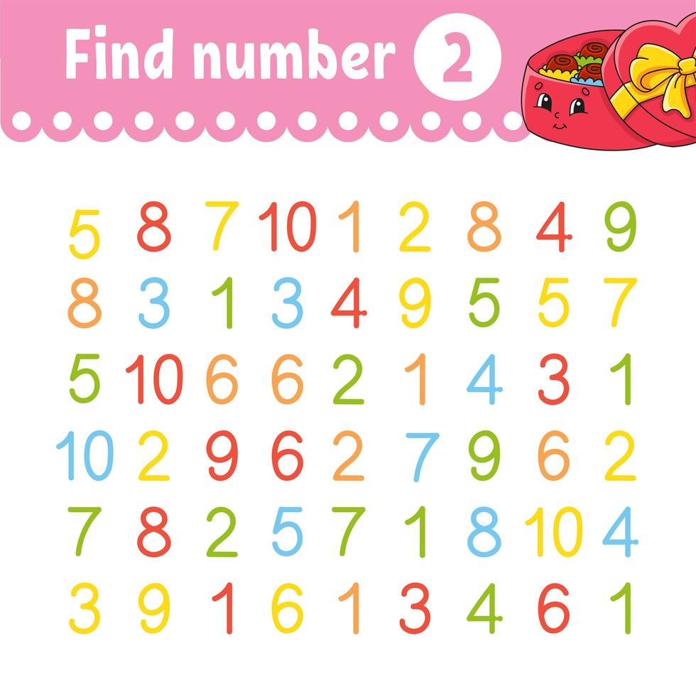 Find number. Education developing worksheet. Activity page with pictures. Game for children. Color isolated vector illustration. Funny character. Cartoon style.