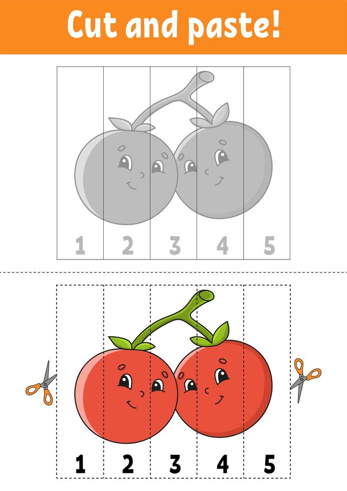 Learning numbers 1-5. Cut and glue. Cartoon character. Education developing worksheet. Game for kids. Activity page. Color isolated vector illustration.