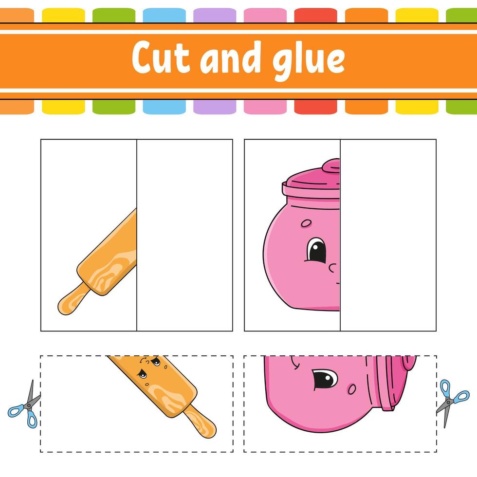 Cut and play. Paper game with glue. Flash cards. Education worksheet. Activity page. Funny character. Isolated vector illustration. Cartoon style.