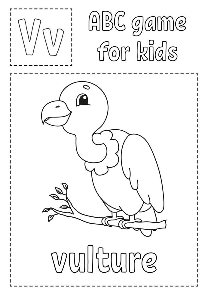 La letra v es para buitre. juego de abc para niños. Página para colorear del alfabeto. personaje animado. palabra y letra. ilustración vectorial. vector