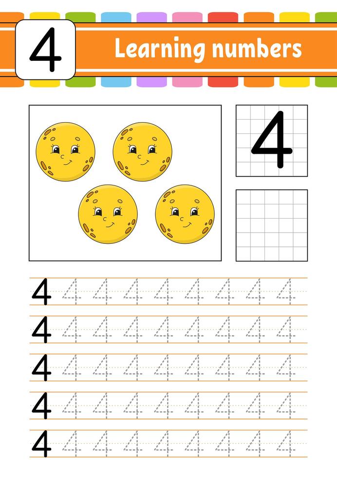 Trace and write. Handwriting practice. Learning numbers for kids. Education developing worksheet. Activity page. Game for toddlers and preschoolers. Isolated vector illustration in cute cartoon style.