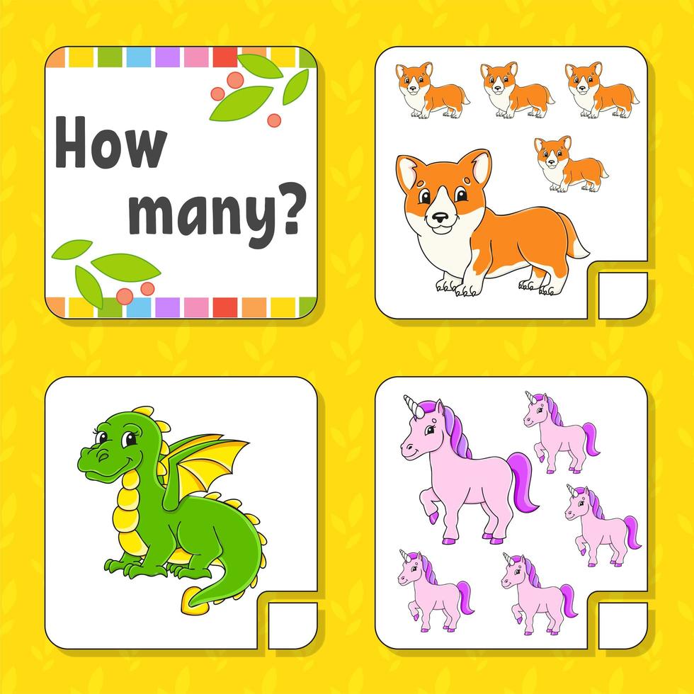 Counting game for children. Happy characters. Learning mathematics. How many object in the picture. Education worksheet. With space for answers. Isolated vector illustration in cute cartoon style.