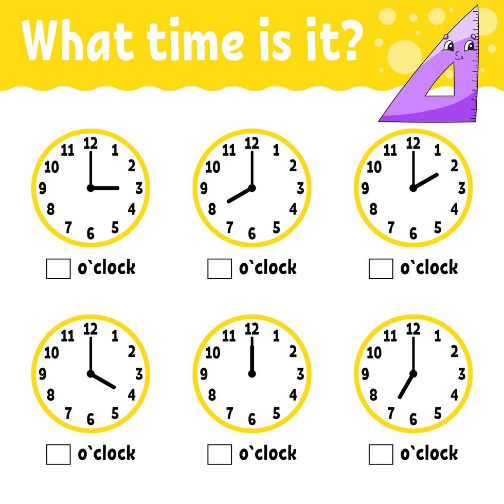 Learning time on the clock. Educational activity worksheet for kids and toddlers. Game for children. Simple flat isolated color vector illustration in cute cartoon style.