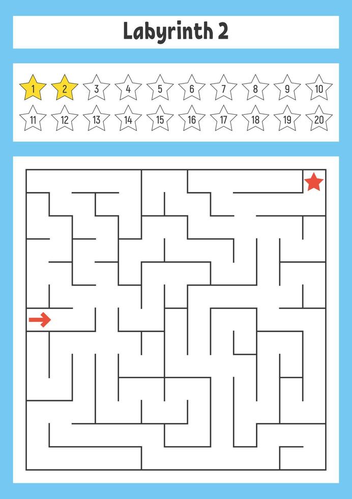 Square maze. Game for kids. Puzzle for children. Labyrinth conundrum. Color vector illustration. Find the right path. The development of logical and spatial thinking.