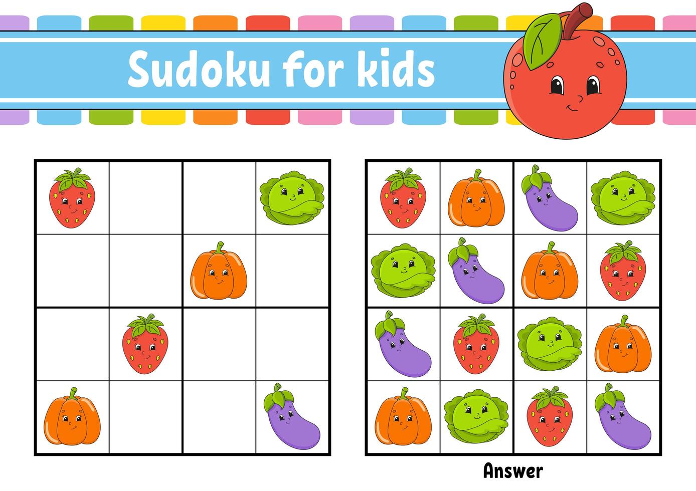 sudoku para niños. hoja de trabajo de desarrollo educativo. vegetales, frutas. personaje animado. página de actividad de color. juego de rompecabezas para niños. entrenamiento del pensamiento lógico. ilustración vectorial aislada. vector