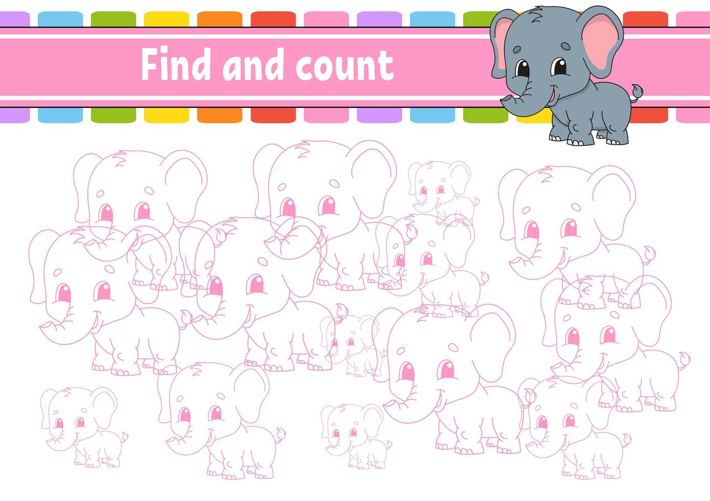 Find and count. Education developing worksheet. Activity page with pictures. Puzzle game for children. Logical thinking training. Isolated vector illustration. Funny character. Cartoon style.