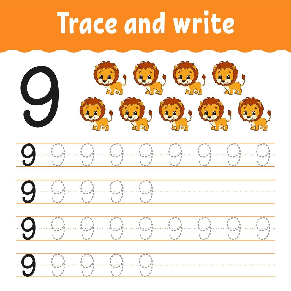Trace and write. Handwriting practice. Learning numbers for kids. Education developing worksheet. Activity page. Game for toddlers and preschoolers. Isolated vector illustration in cute cartoon style.