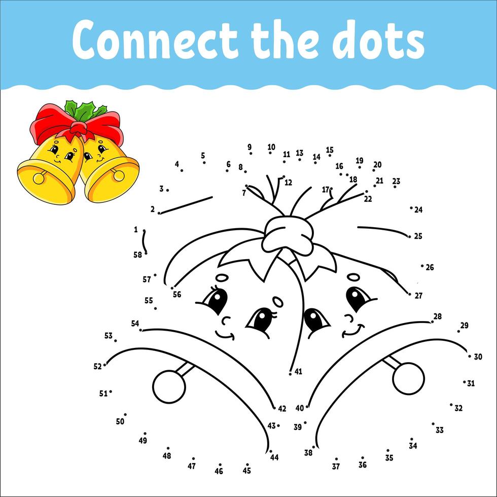 Dot to dot game. Draw a line. Christmas bells with holly leaves and bow. For kids. Activity worksheet. Coloring book. With answer. Cartoon character. vector