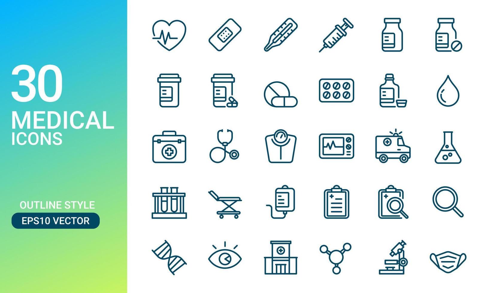 iconos médicos y de salud establecidos en el estilo delineado. perfecto para el elemento de diseño de la aplicación de servicio de atención médica. hospital y clínica ui ux vector