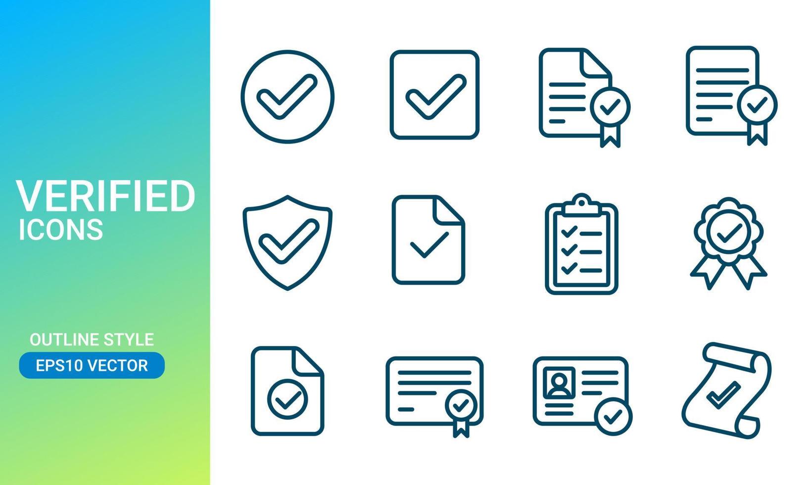 iconos verificados establecidos en el estilo delineado. adecuado para el elemento de diseño de la certificación de documentos y la aplicación de verificación de identidad ui ux. Conjunto de iconos de notificación de archivos aprobados. vector