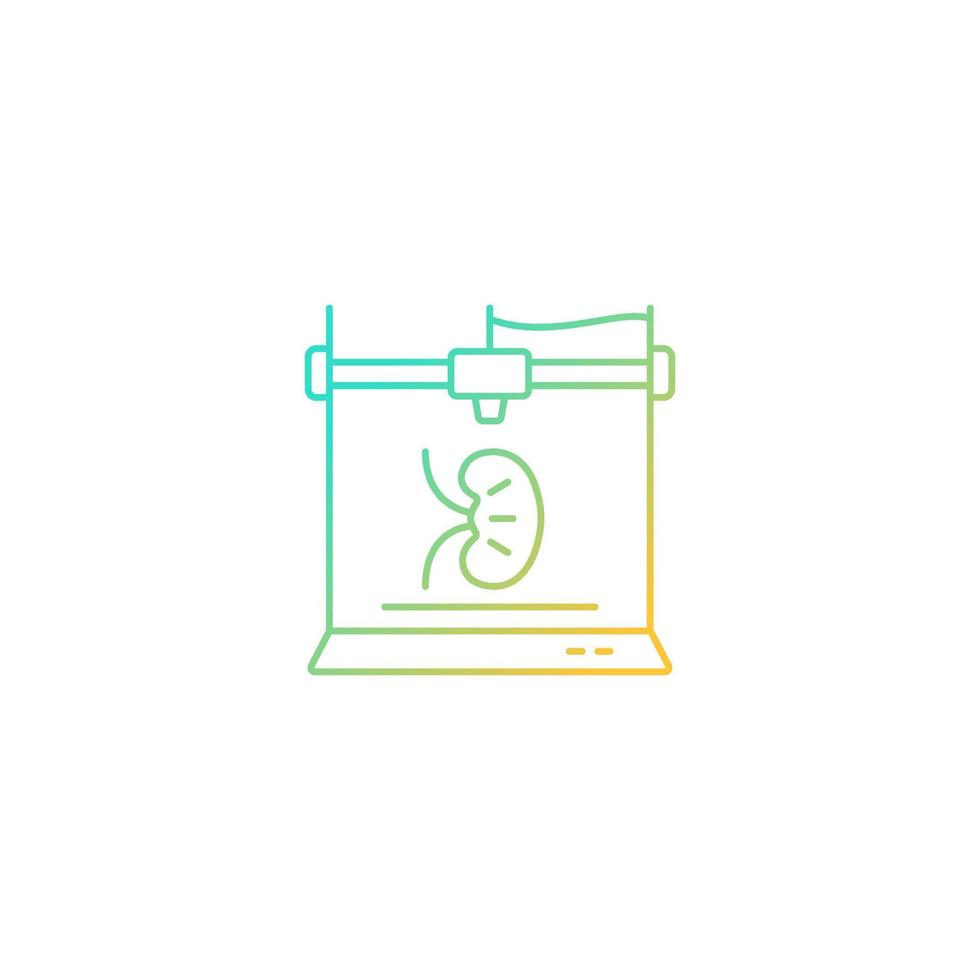 3d printed kidney gradient linear vector icon. Developing 3d structure. Biomedical engineering. Printed human organ. Thin line color symbol. Modern style pictogram. Vector isolated outline drawing