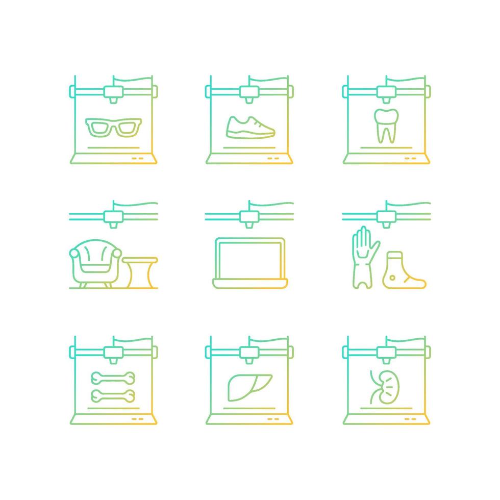 Additive manufacturing gradient linear vector icons set. Producing 3d models. Printed prosthetics. Bioprinting. Thin line contour symbols bundle. Isolated outline illustrations collection