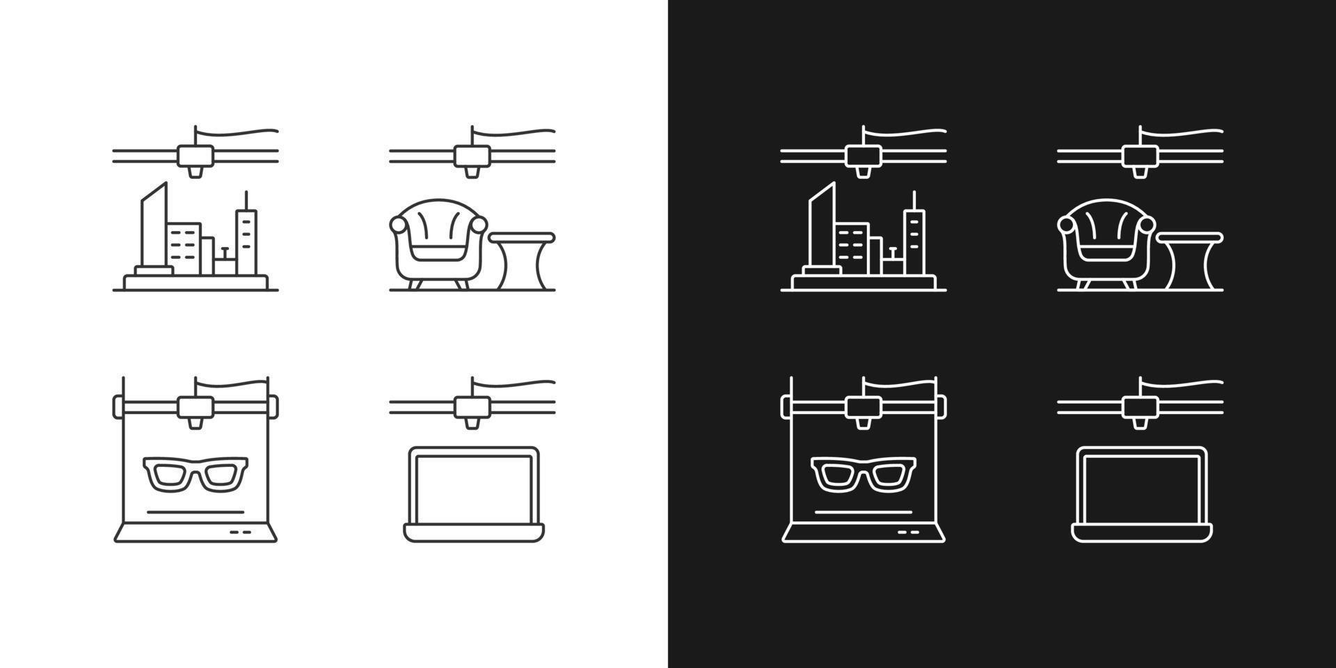 Three dimensional objects production linear icons set for dark and light mode. Furniture and music industry. Customizable thin line symbols. Isolated vector outline illustrations. Editable stroke