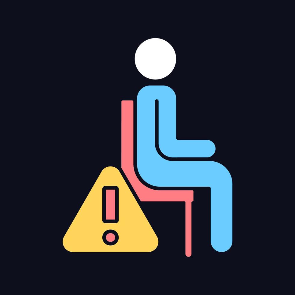 Remain seated RGB color manual label icon for dark theme. Avoid injuries. Isolated vector illustration on night mode background. Simple filled line drawing on black for product use instructions