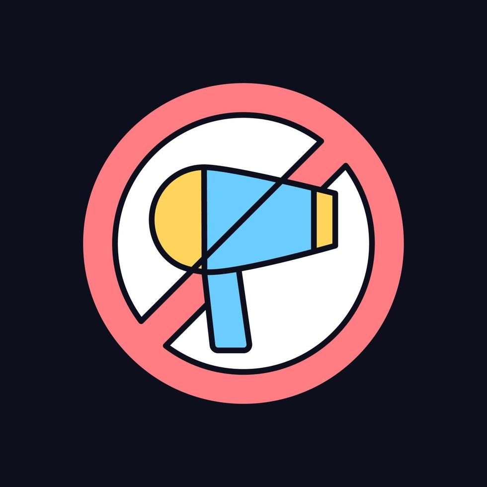 Do not use hairdryer if wet RGB color manual label icon for dark theme. Isolated vector illustration on night mode background. Simple filled line drawing on black for product use instructions