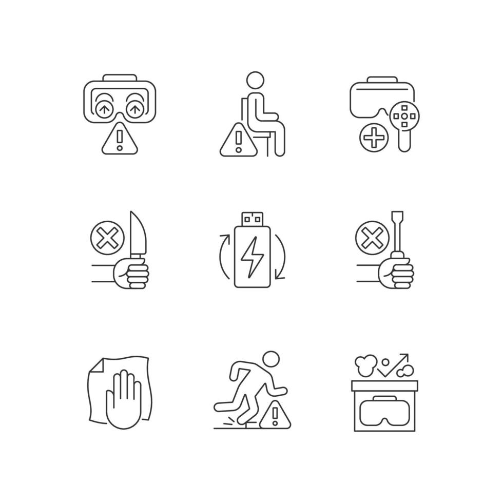 Virtual reality glasses instructions linear manual label icons set. Customizable thin line contour symbols. Isolated vector outline illustrations for product use instructions. Editable stroke