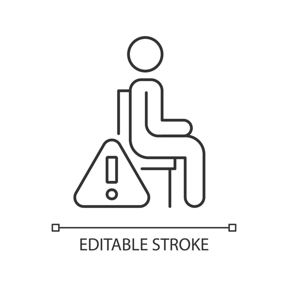 Remain seated linear manual label icon. Standing may lead to injury.Thin line customizable illustration. Contour symbol. Vector isolated outline drawing for product use instructions. Editable stroke