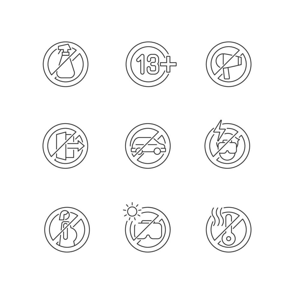 Vr glasses usage restrictions linear manual label icons set. Customizable thin line contour symbols. Isolated vector outline illustrations for product use instructions. Editable stroke