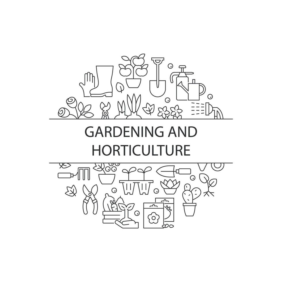 Gardening abstract linear concept layout with headline. Plant care in home yard. Horticulture minimalistic idea. Horticulture. Thin line graphic drawings. Isolated vector contour icons for background