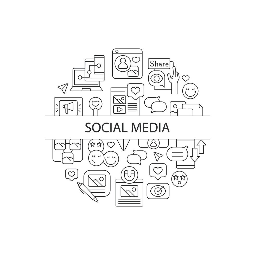 Social media abstract linear concept layout with headline. Digital blog. Online communication minimalistic idea. Thin line graphic drawings. Isolated vector contour icons for background