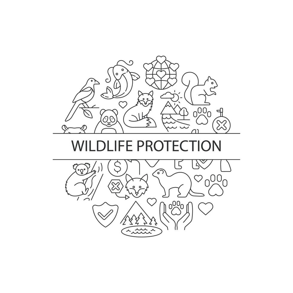 Wildlife protection abstract linear concept layout with headline. Animal welfare minimalistic idea. Biodiversity protection. Thin line graphic drawings. Isolated vector contour icons for background