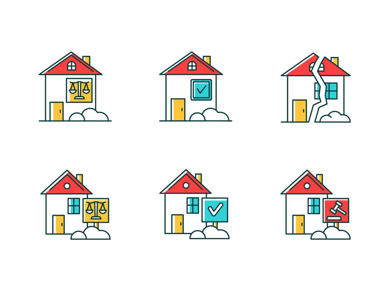Real estate matters RGB color icons set. Tenancy legal dispute. Property litigation, court case. Realty trial. Lease agreement, contract. Conflict resolution. Isolated vector illustrations