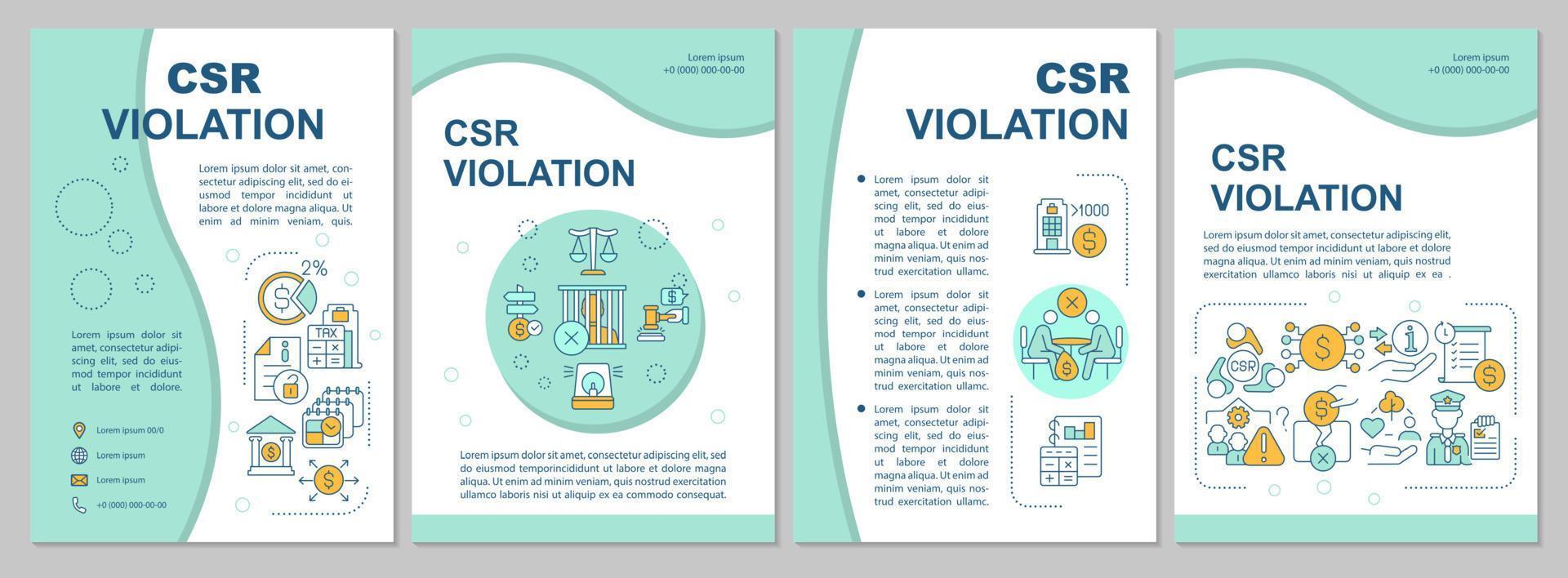 Plantilla de folleto azul de violación de responsabilidad social corporativa. folleto, folleto, impresión de folletos, diseño de portada con iconos lineales. diseños vectoriales para presentaciones, informes anuales, páginas publicitarias vector