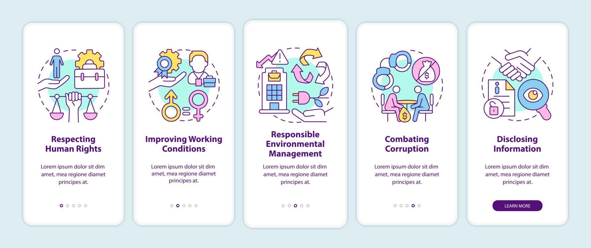 CSR issues onboarding mobile app page screen. Corporate social responsibility walkthrough 5 steps graphic instructions with concepts. UI, UX, GUI vector template with linear color illustrations