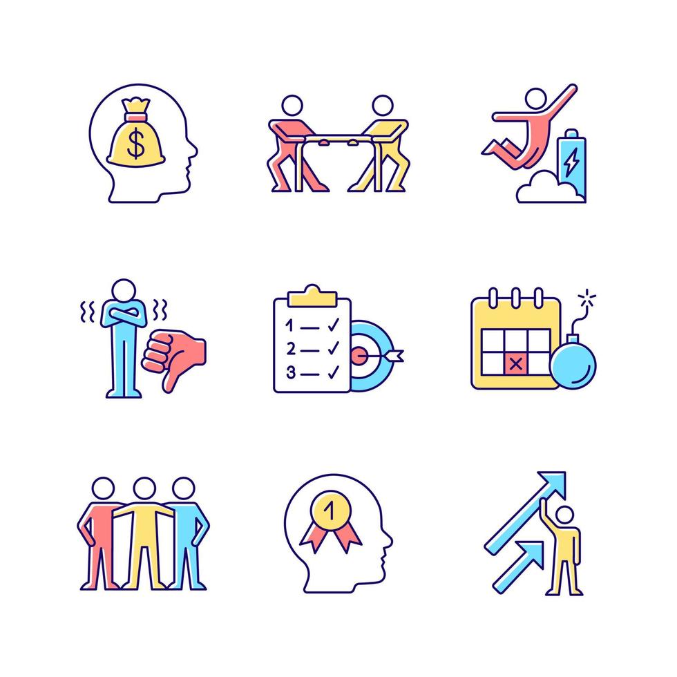 Motivation stimulus RGB color icons set. Money reward. Desire to win. Positive dynamics. Team member. Goal achievement. Isolated vector illustrations. Simple filled line drawings collection