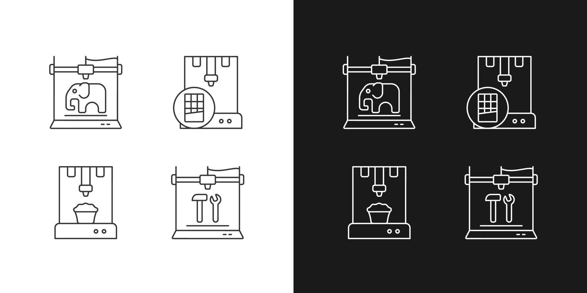 3d printed physical objects linear icons set for dark and light mode. Food products manufacturing. 3d toy models. Customizable thin line symbols. Isolated vector outline illustrations. Editable stroke