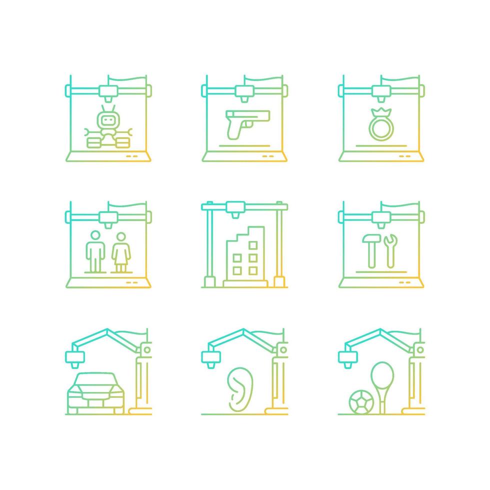 3d printing process gradient linear vector icons set. Design representation. Rapid prototyping. Modern technology. Thin line contour symbols bundle. Isolated outline illustrations collection