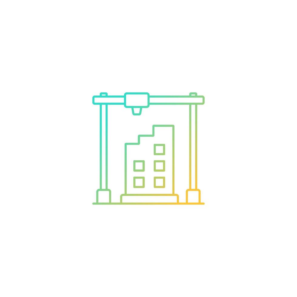 3d printed building design gradient linear vector icon. Architectural 3d model. Additively manufactured architecture. Thin line color symbol. Modern style pictogram. Vector isolated outline drawing
