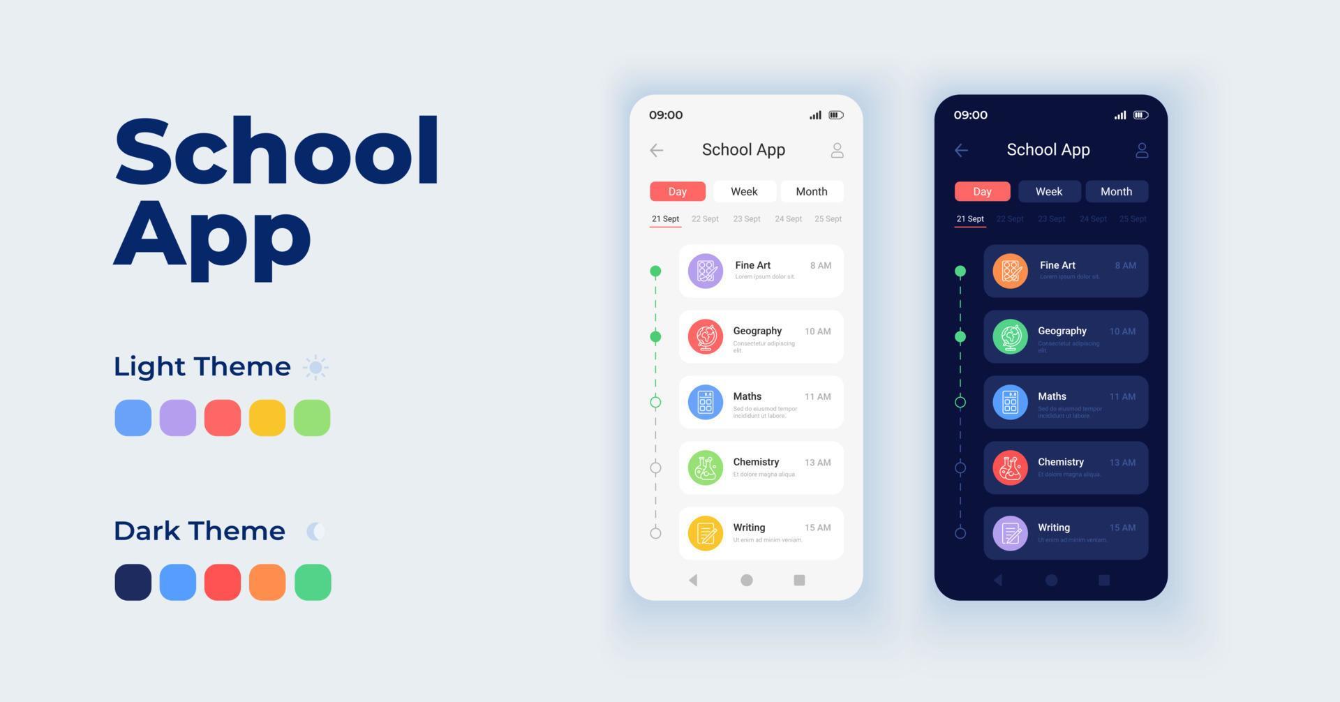School app cartoon smartphone interface vector templates set. Education