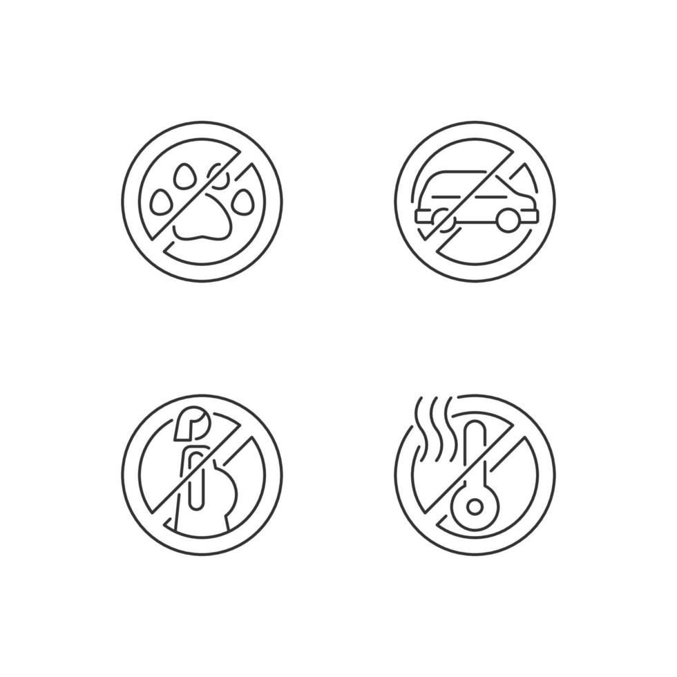 Virtual reality helmet restriction linear manual label icons set. Customizable thin line contour symbols. Isolated vector outline illustrations for product use instructions. Editable stroke