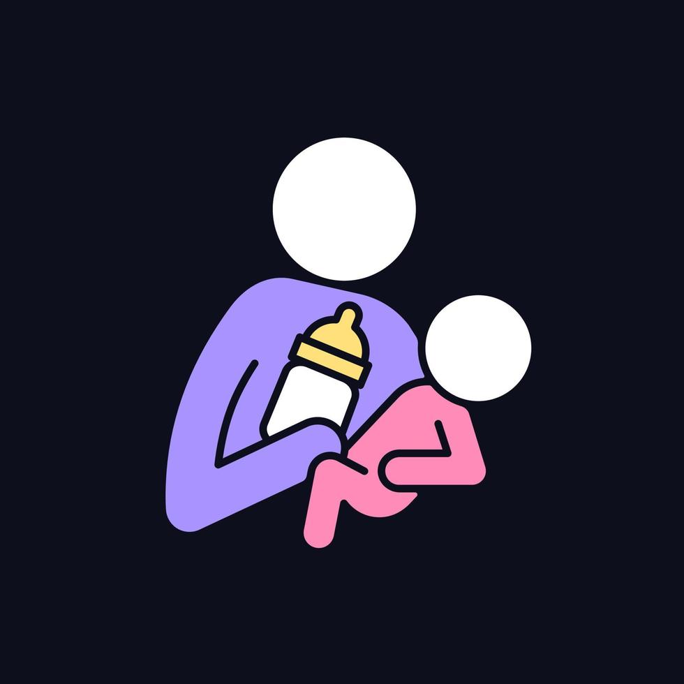 Bottle feeding RGB color icon for dark theme. Skin-to-skin contact. Emotional closeness. Mother-newborn bond. Isolated vector illustration on night mode background. Simple filled line drawing on black