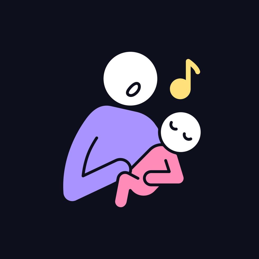 cantando al bebé icono de color rgb para tema oscuro. canción dirigida a niños. voz de los padres. cantar canciones de cuna al recién nacido. ilustración vectorial aislada en el fondo del modo nocturno. dibujo de línea simple relleno en negro vector