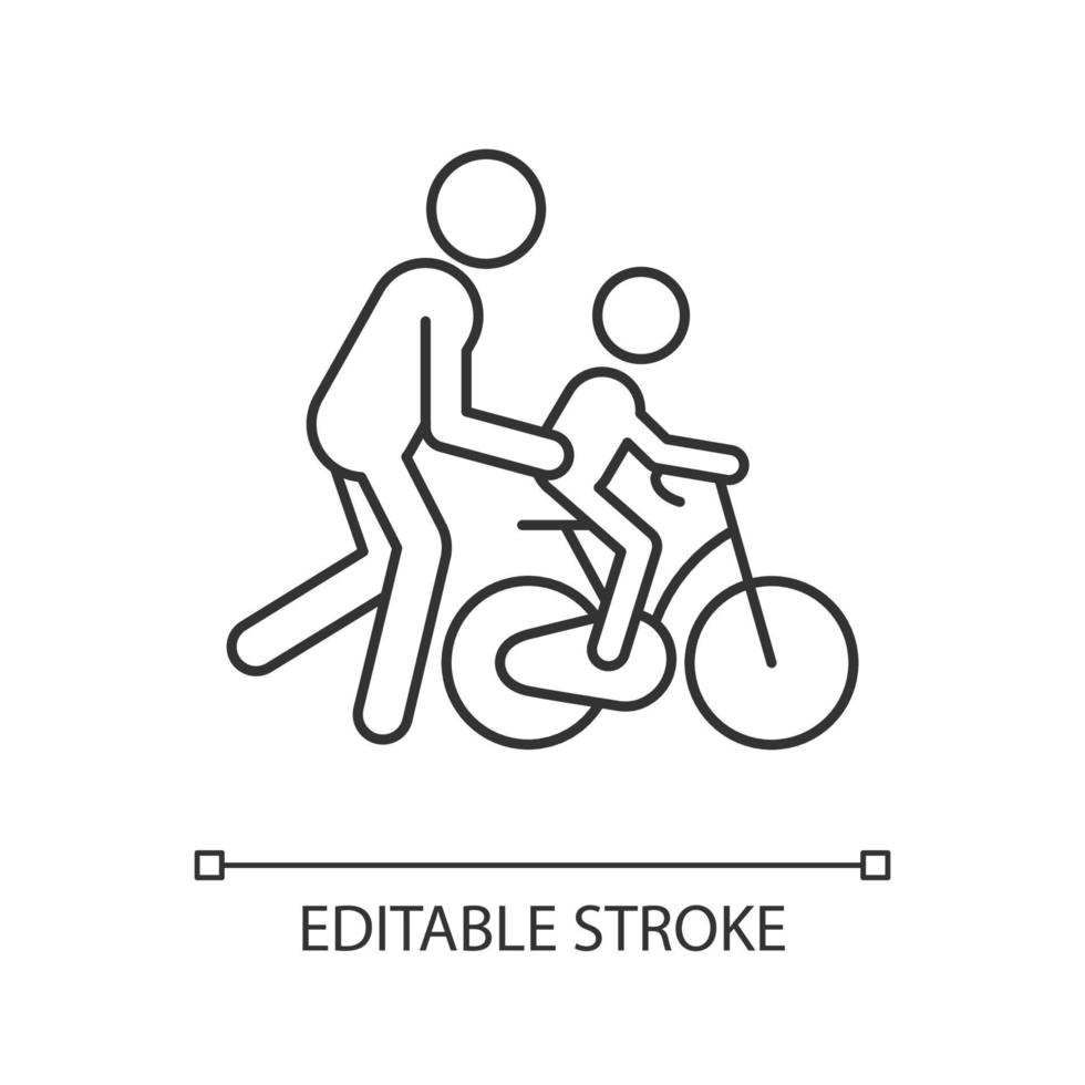 Learning to ride bike linear icon. Building kid cycling skills. Fun family togetherness time. Thin line customizable illustration. Contour symbol. Vector isolated outline drawing. Editable stroke