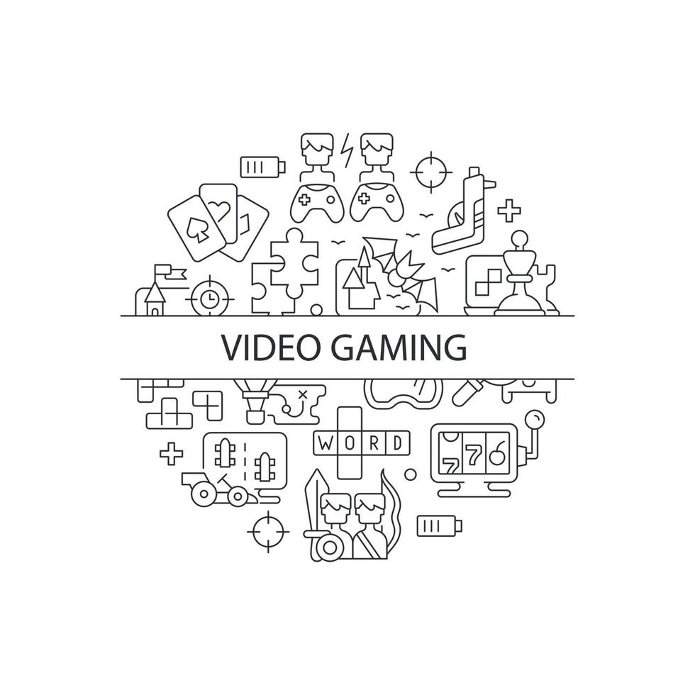 Video game abstract linear concept layout with headline. Gamers and players console fun. Playing console minimalistic idea. Thin line graphic drawings. Isolated vector contour icons for background