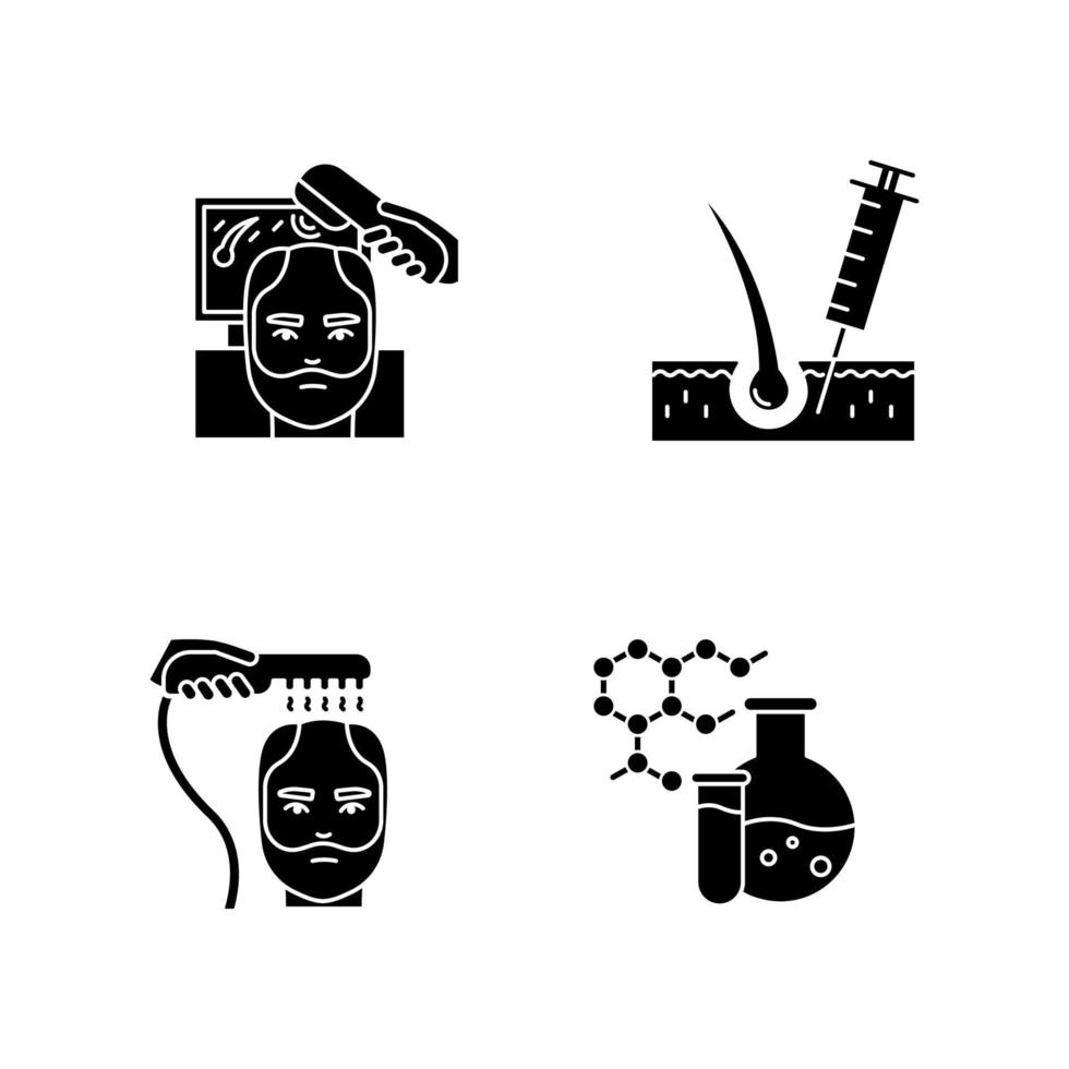 Hair loss black glyph icons set on white space. Laser therapy for men's thinning hair. Medical injection for alopecia. Male hair loss treatment. Silhouette symbols. Vector isolated illustration