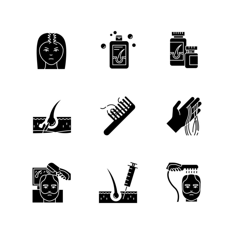 Hair loss black glyph icons set on white space. Male alopecia and female balding. Laser therapy for hair regrowth. Injection and transplantation. Silhouette symbols. Vector isolated illustration