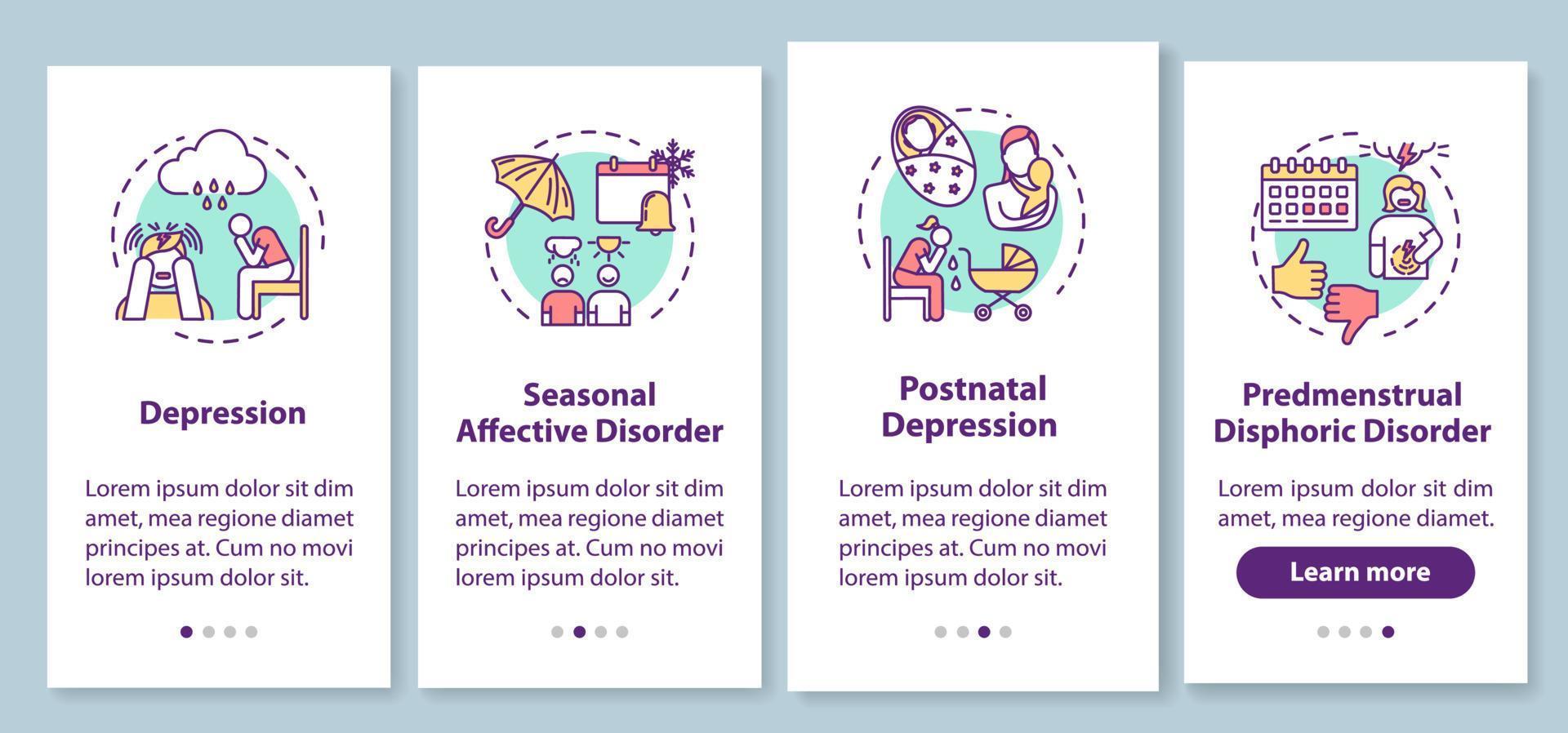 Mental disorder onboarding mobile app page screen with concepts. Psychological problems walkthrough four steps graphic instructions. Depression. UI vector template with RGB color illustrations