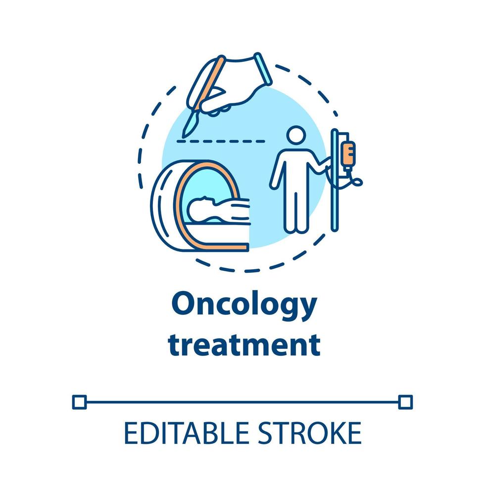 Oncology treatment concept icon. Chemotherapy, surgical and radiological treatment of cancer. Tumor cure idea thin line illustration. Vector isolated outline RGB color drawing. Editable stroke