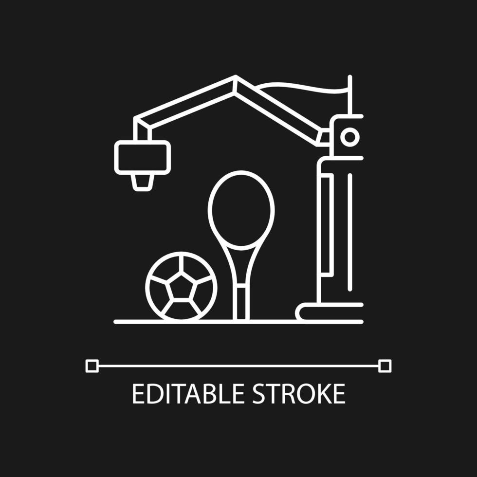3d printed sport equipment white linear icon for dark theme. Sporting goods manufacturing. Thin line customizable illustration. Isolated vector contour symbol for night mode. Editable stroke