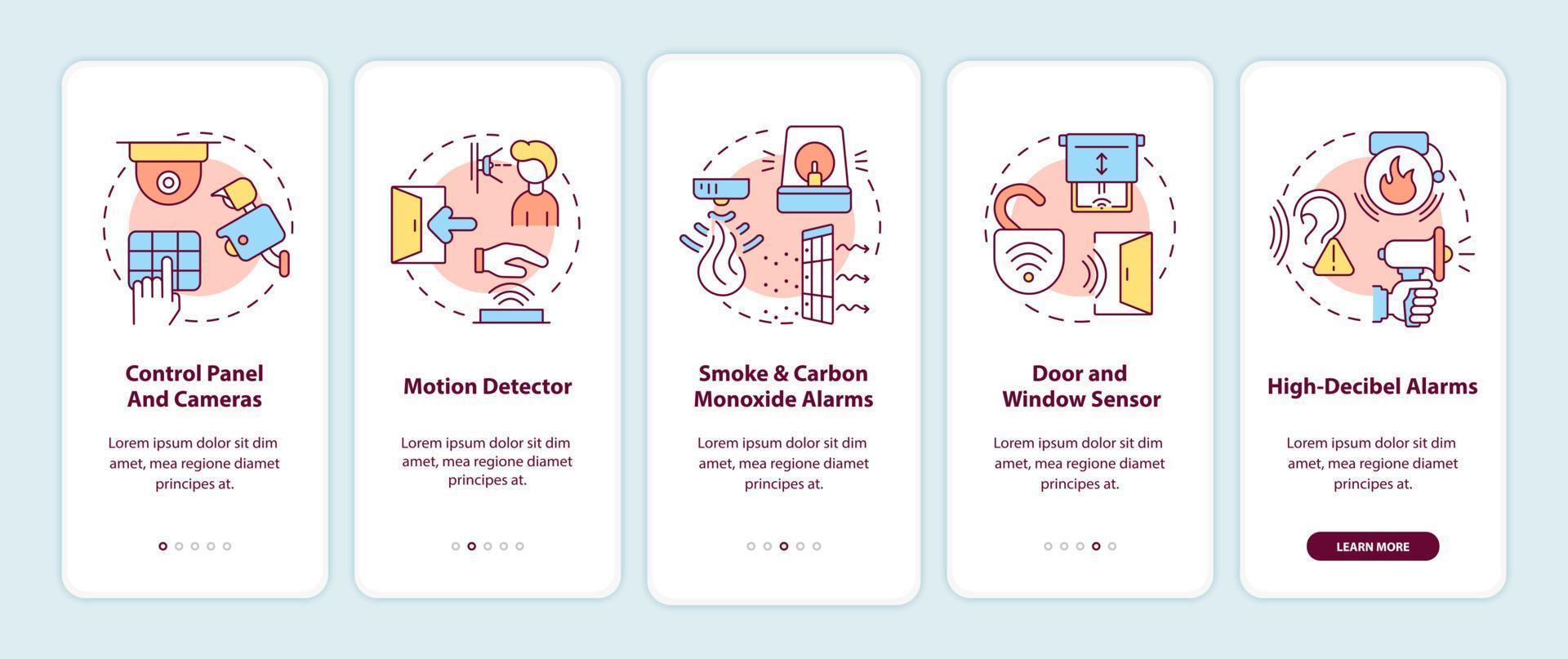 Home security system onboarding mobile app page screen. Detectors and alarms walkthrough 5 steps graphic instructions with concepts. UI, UX, GUI vector template with linear color illustrations