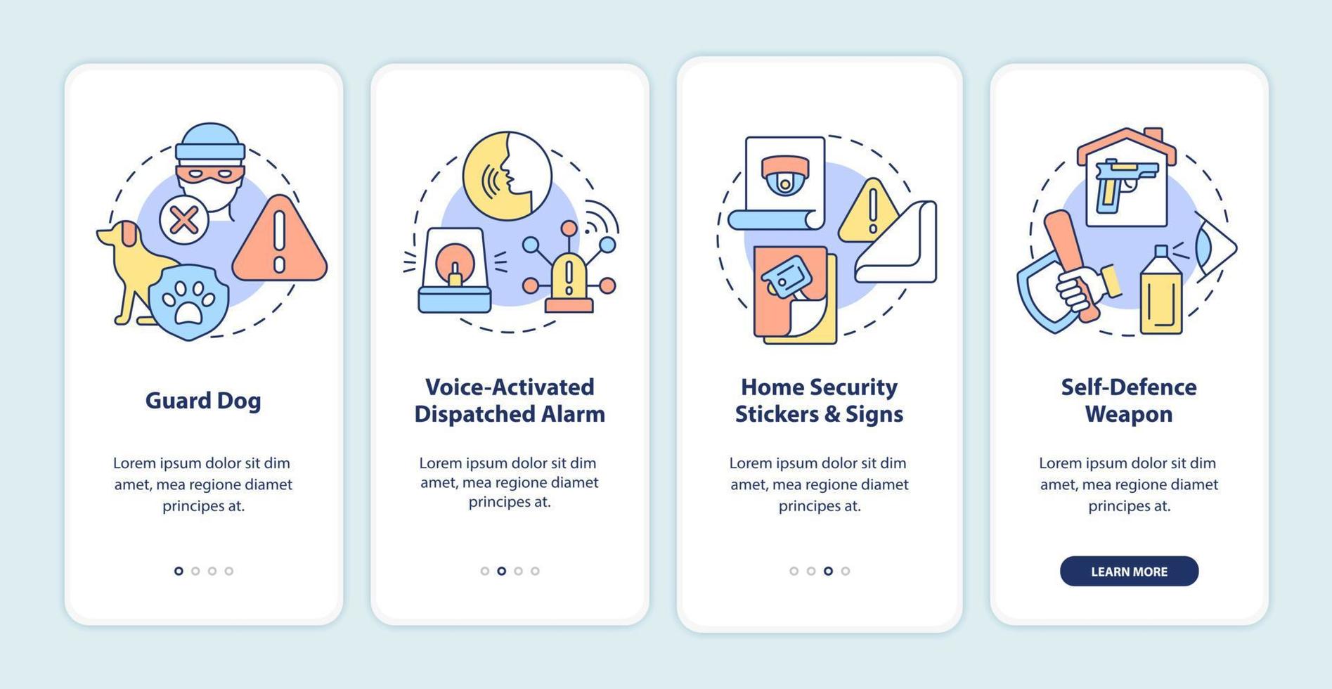 Burglary prevention onboarding mobile app page screen. Security system walkthrough 4 steps graphic instructions with concepts. UI, UX, GUI vector template with linear color illustrations