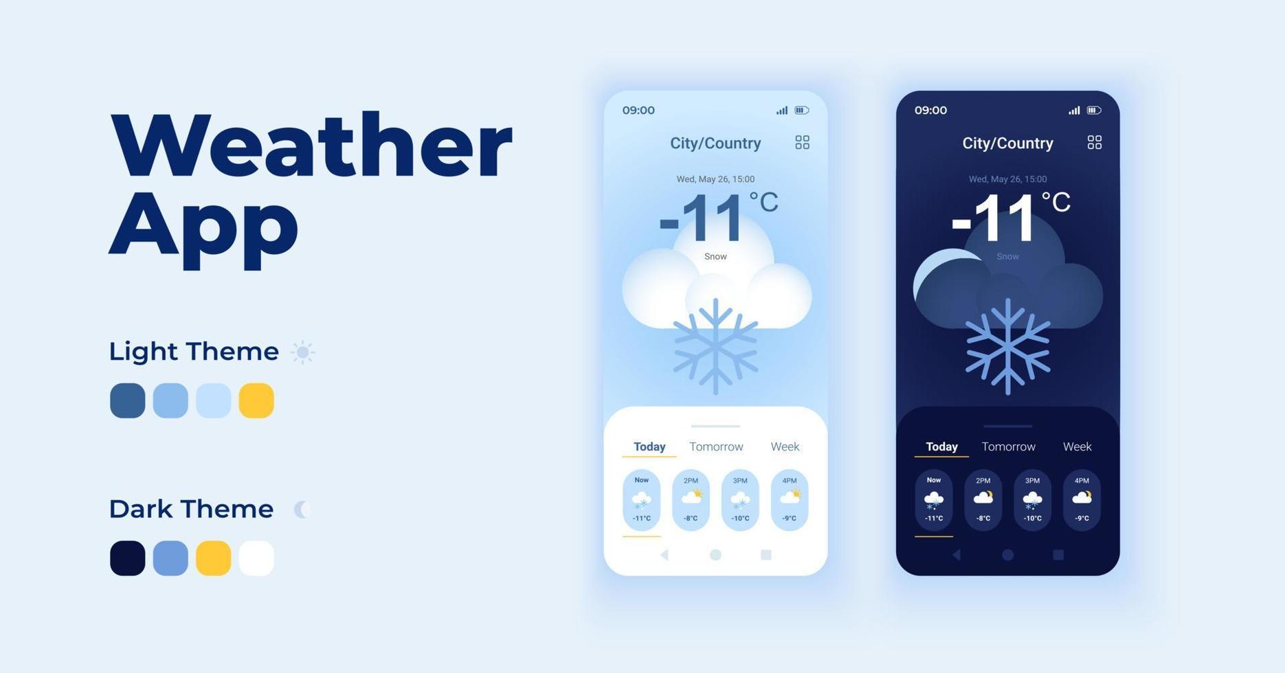 Conjunto de plantillas vectoriales de interfaz de teléfono inteligente de dibujos animados de verificación meteorológica. invierno nublado. día de la página de la pantalla de la aplicación móvil y diseño del modo oscuro. previsión de la interfaz de usuario para la aplicación. pantalla del teléfono con carácter plano vector