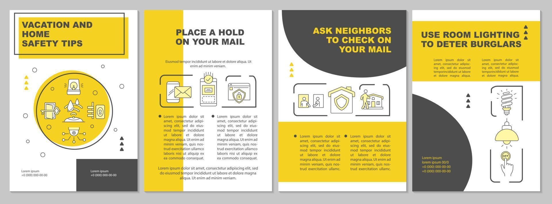 Plantilla de folleto amarillo de consejos de seguridad para el hogar y vacaciones. folleto, folleto, impresión de folletos, diseño de portada con iconos lineales. diseños vectoriales para presentaciones, informes anuales, páginas publicitarias vector